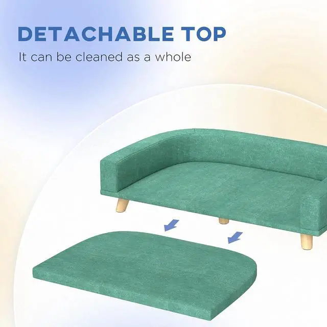 Alt view image 4 of 7 - PawHut Dog Sofa Couch, Pet Bed with Comfortable Luxury Cushion, Washable Cover, Wooden Legs, Anti-Slip Mat for Large Dogs, Cats, Kittens, Green