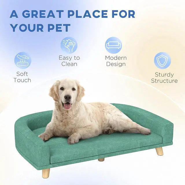 Alt view image 6 of 7 - PawHut Dog Sofa Couch, Pet Bed with Comfortable Luxury Cushion, Washable Cover, Wooden Legs, Anti-Slip Mat for Large Dogs, Cats, Kittens, Green