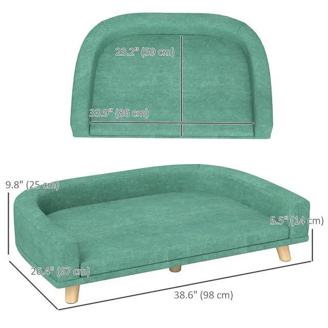 Alt view image 7 of 7 - PawHut Dog Sofa Couch, Pet Bed with Comfortable Luxury Cushion, Washable Cover, Wooden Legs, Anti-Slip Mat for Large Dogs, Cats, Kittens, Green