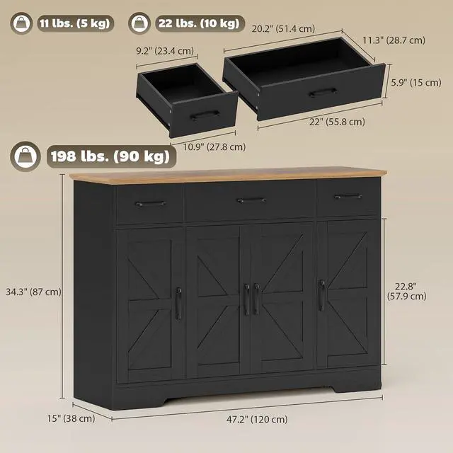 Alt view image 3 of 7 - 47" Buffet Cabinet with Storage, Coffee Bar Cabinet, Black