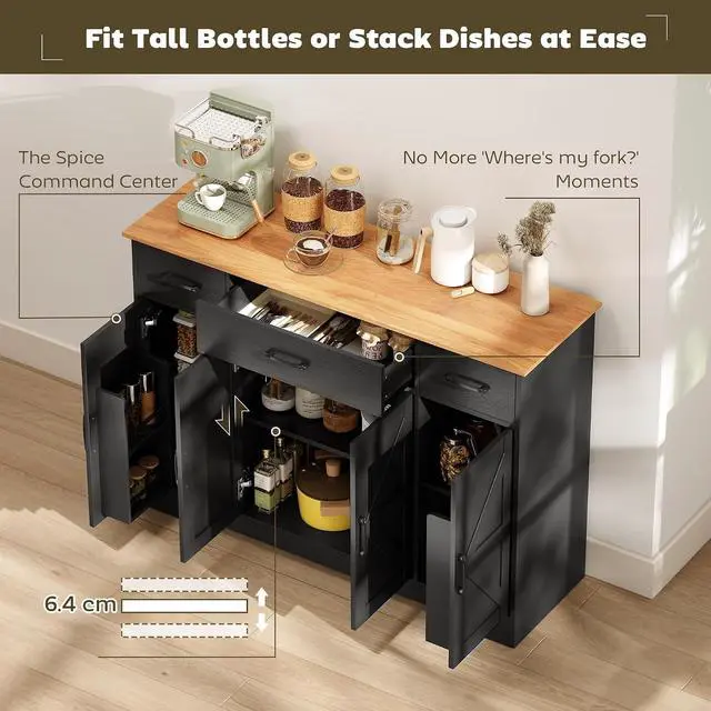 Alt view image 4 of 7 - 47" Buffet Cabinet with Storage, Coffee Bar Cabinet, Black