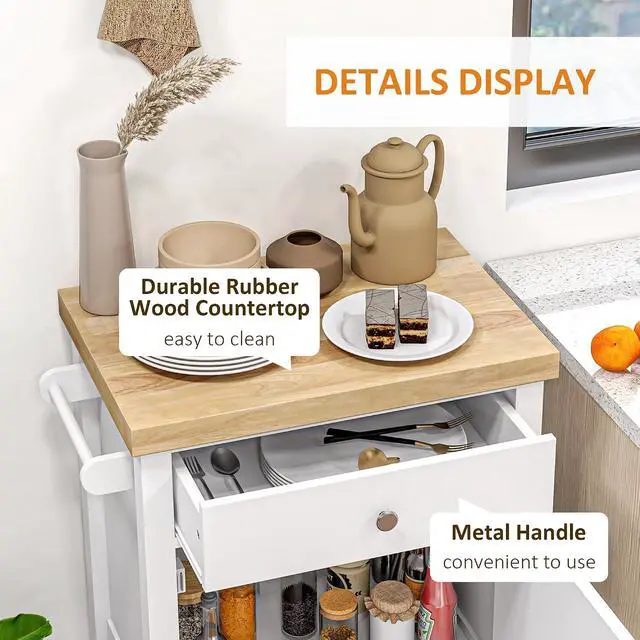 Alt view image 5 of 7 - Utility Kitchen Cart Rolling Smooth Rubberwood Top on Wheels White