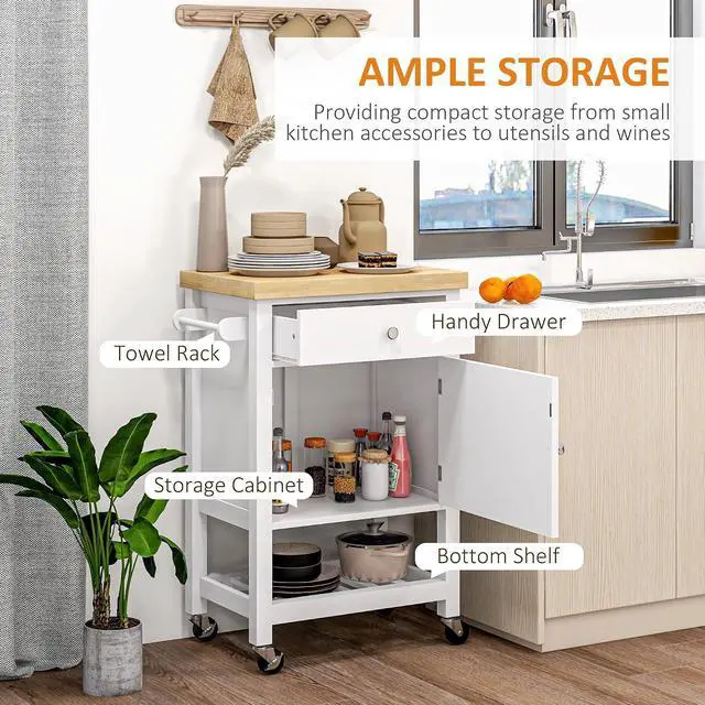 Alt view image 3 of 7 - Utility Kitchen Cart Rolling Smooth Rubberwood Top on Wheels White