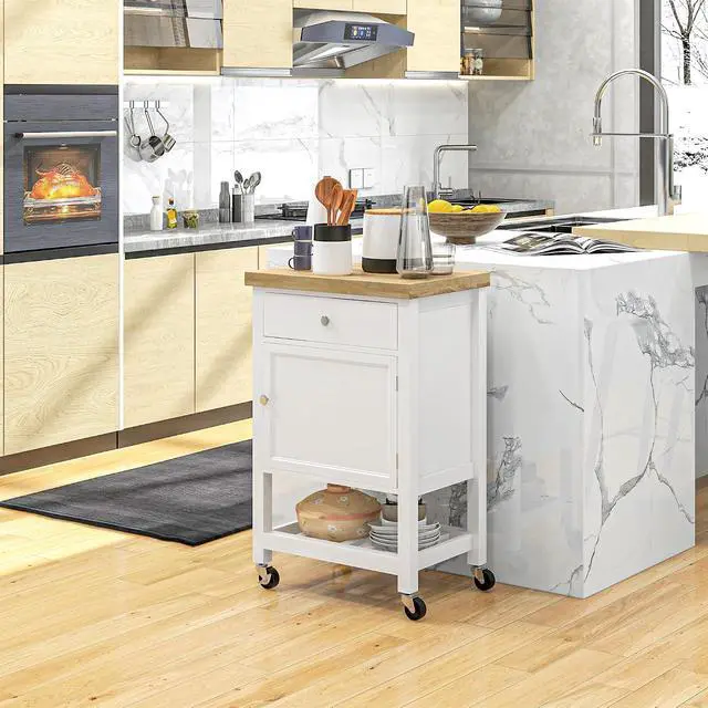 Alt view image 6 of 7 - Utility Kitchen Cart Rolling Smooth Rubberwood Top on Wheels White