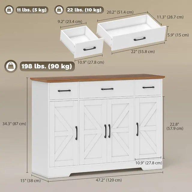 Alt view image 3 of 7 - 47" Buffet Cabinet with Storage, Coffee Bar Cabinet, White