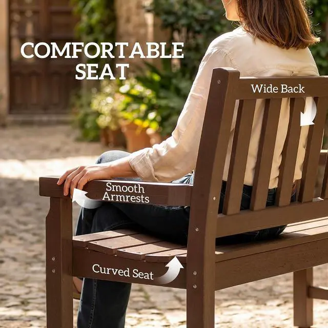 Alt view image 7 of 7 - Outdoor Bench 49" All-Weather HDPE 2-Person Patio Loveseat Brown