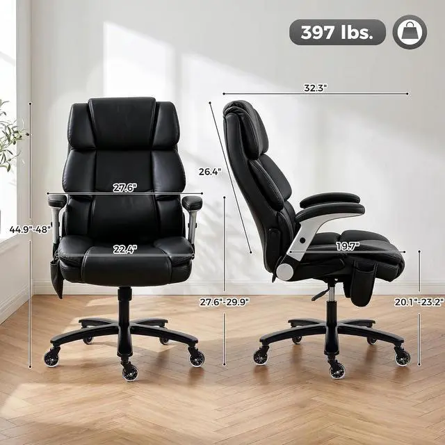 Alt view image 3 of 7 - 400 Lbs Heavy Duty Office Chair with Adjustable Lumbar Support Black