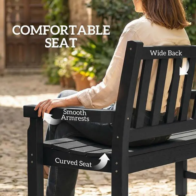 Alt view image 7 of 7 - Outdoor Bench 49" All-Weather HDPE 2-Person Patio Loveseat Black