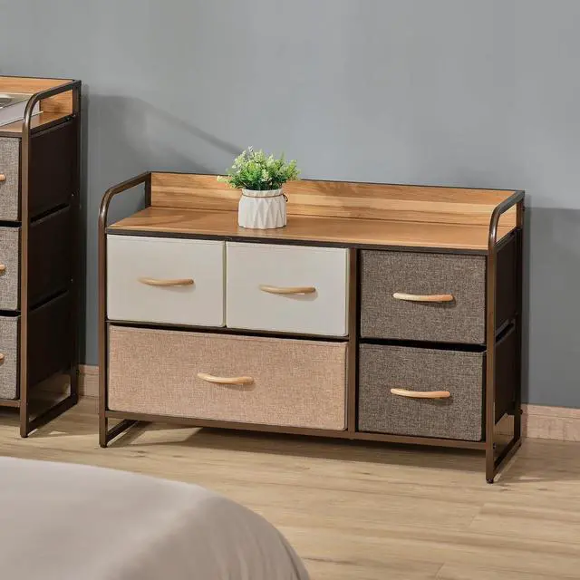 Alt view image 2 of 7 - 5-Drawer Dresser 2-Tier Tower Unit Steel Frame Wooden Top Maple Wood