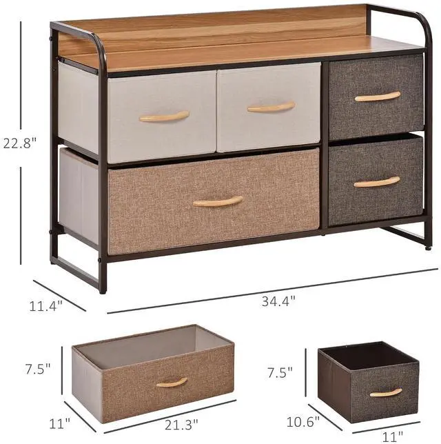 Alt view image 3 of 7 - 5-Drawer Dresser 2-Tier Tower Unit Steel Frame Wooden Top Maple Wood