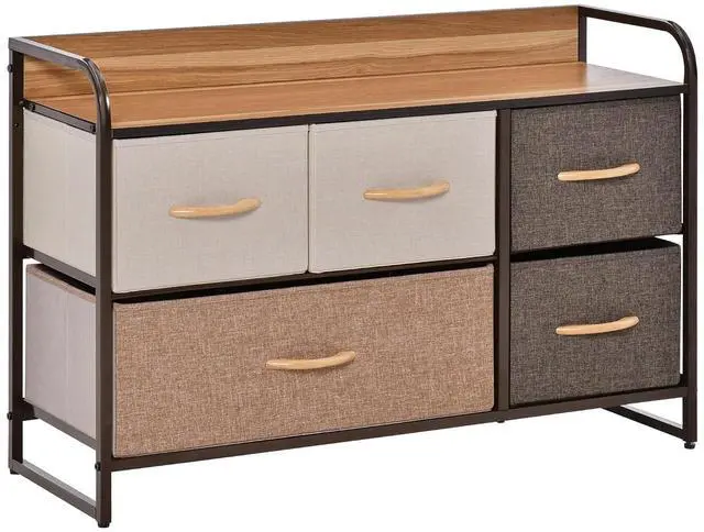 Main image of 5-Drawer Dresser 2-Tier Tower Unit Steel Frame Wooden Top Maple Wood