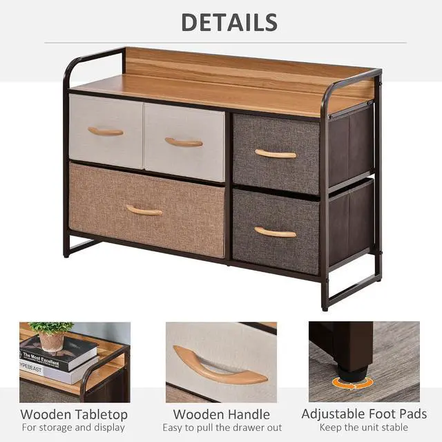 Alt view image 6 of 7 - 5-Drawer Dresser 2-Tier Tower Unit Steel Frame Wooden Top Maple Wood