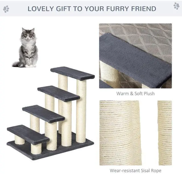 Alt view image 3 of 7 - PawHut Cat Tree with 4 Steps for High Beds Couch for Cats or Dogs Gray