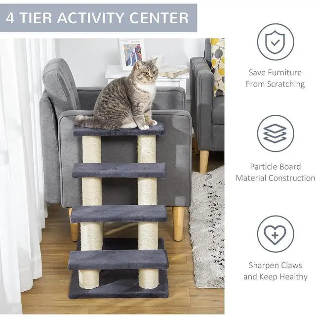 Alt view image 6 of 7 - PawHut Cat Tree with 4 Steps for High Beds Couch for Cats or Dogs Gray