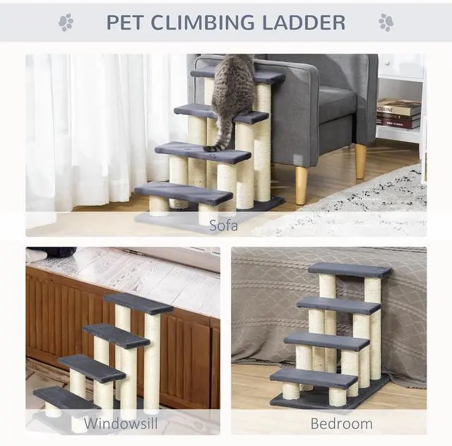 Alt view image 5 of 7 - PawHut Cat Tree with 4 Steps for High Beds Couch for Cats or Dogs Gray