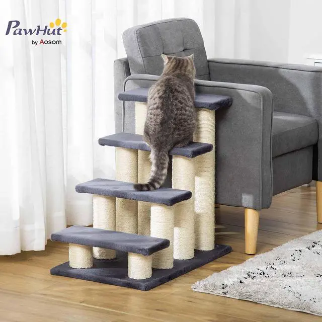 Alt view image 2 of 7 - PawHut Cat Tree with 4 Steps for High Beds Couch for Cats or Dogs Gray