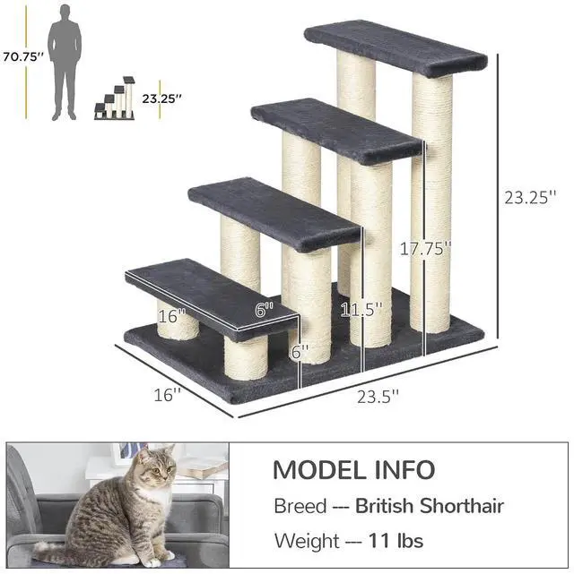 Alt view image 7 of 7 - PawHut Cat Tree with 4 Steps for High Beds Couch for Cats or Dogs Gray