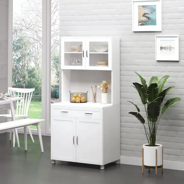 Alt view image 2 of 7 - 67" Pantry Cabinet Kitchen Hutch Glass Doors Drawers White