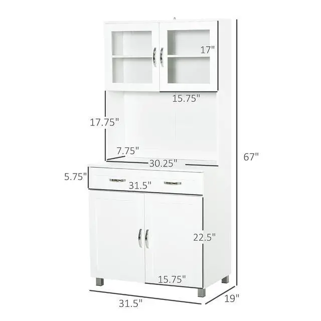 Alt view image 3 of 7 - 67" Pantry Cabinet Kitchen Hutch Glass Doors Drawers White