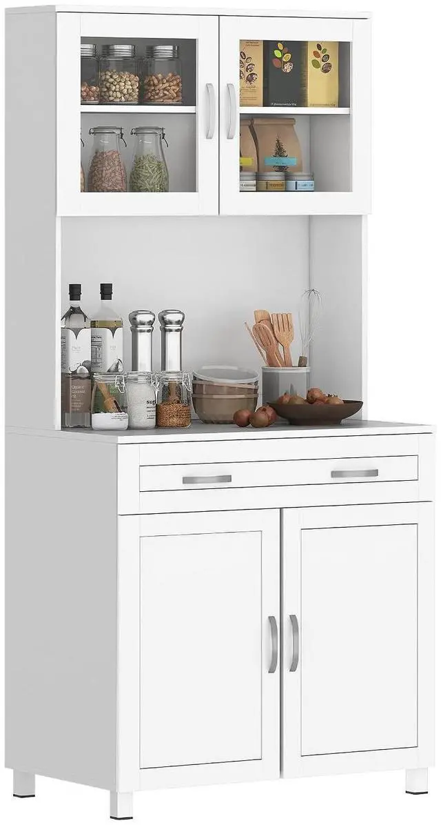 Main image of 67" Pantry Cabinet Kitchen Hutch Glass Doors Drawers White