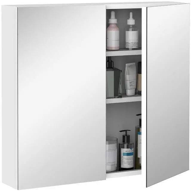 Main image of kleankin Bathroom Mirrored Cabinet Steel Frame Double Doors 24"x22" White
