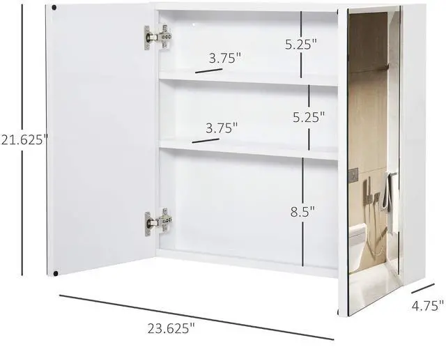Alt view image 3 of 7 - kleankin Bathroom Mirrored Cabinet Steel Frame Double Doors 24"x22" White