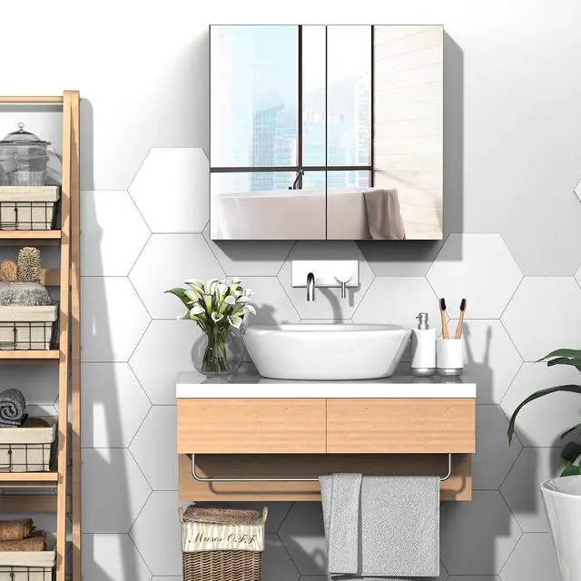 Alt view image 2 of 7 - kleankin Bathroom Mirrored Cabinet Steel Frame Double Doors 24"x22" White