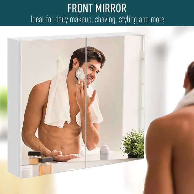 Alt view image 4 of 7 - kleankin Bathroom Mirrored Cabinet Steel Frame Double Doors 24"x22" White