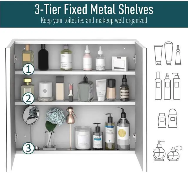Alt view image 5 of 7 - kleankin Bathroom Mirrored Cabinet Steel Frame Double Doors 24"x22" White