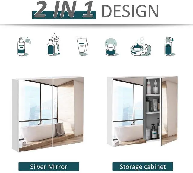 Alt view image 6 of 7 - kleankin Bathroom Mirrored Cabinet Steel Frame Double Doors 24"x22" White