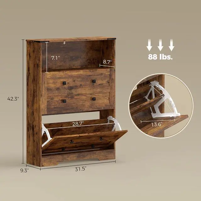 Alt view image 2 of 7 - Shoe Cabinet with 2 Flip Drawers, Narrow Shoe Storage Cabinet with Adjustable Shelves and Open Shelf, Farmhouse Storage Organizer for Entryway, Hallway, Holds 12-16 Pairs, Rustic Brown