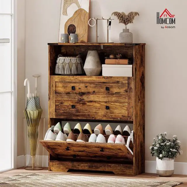 Alt view image 3 of 7 - Shoe Cabinet with 2 Flip Drawers, Narrow Shoe Storage Cabinet with Adjustable Shelves and Open Shelf, Farmhouse Storage Organizer for Entryway, Hallway, Holds 12-16 Pairs, Rustic Brown