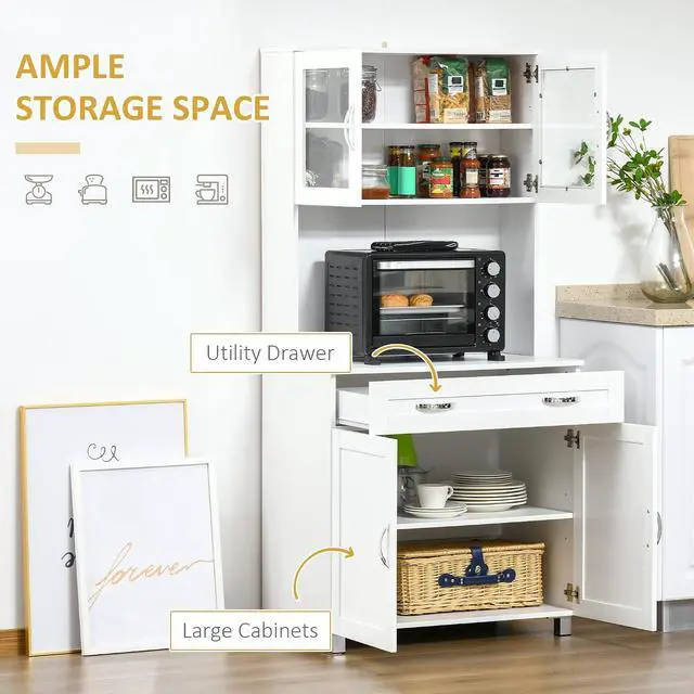 Alt view image 4 of 7 - 67" Pantry Cabinet Kitchen Hutch Glass Doors Drawers White