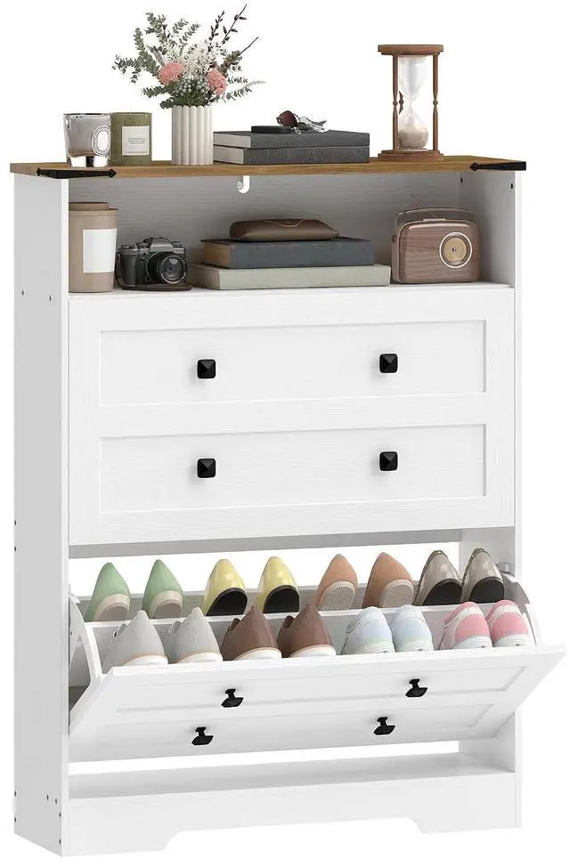 Main image of Shoe Cabinet with 2 Flip Drawers, Narrow, Adjustable Shelves, White