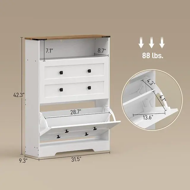 Alt view image 3 of 7 - Shoe Cabinet with 2 Flip Drawers, Narrow, Adjustable Shelves, White