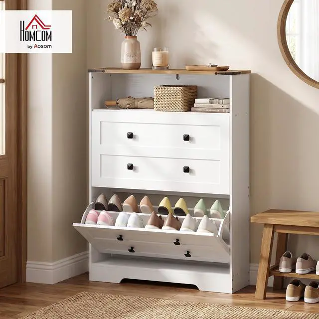 Alt view image 2 of 7 - Shoe Cabinet with 2 Flip Drawers, Narrow, Adjustable Shelves, White