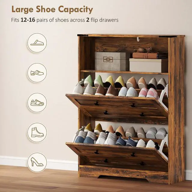Alt view image 5 of 7 - Shoe Cabinet with 2 Flip Drawers, Narrow Shoe Storage Cabinet with Adjustable Shelves and Open Shelf, Farmhouse Storage Organizer for Entryway, Hallway, Holds 12-16 Pairs, Rustic Brown