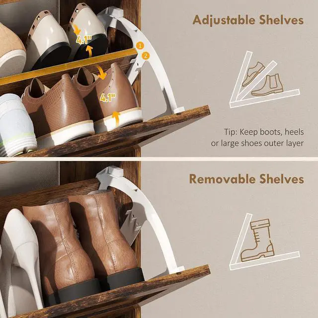 Alt view image 6 of 7 - Shoe Cabinet with 2 Flip Drawers, Narrow Shoe Storage Cabinet with Adjustable Shelves and Open Shelf, Farmhouse Storage Organizer for Entryway, Hallway, Holds 12-16 Pairs, Rustic Brown