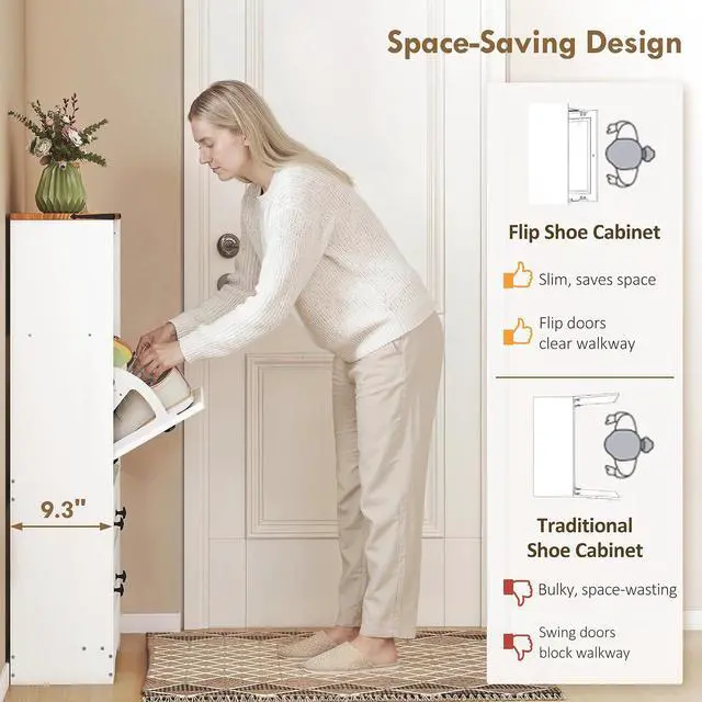 Alt view image 4 of 7 - Shoe Cabinet with 2 Flip Drawers, Narrow, Adjustable Shelves, White