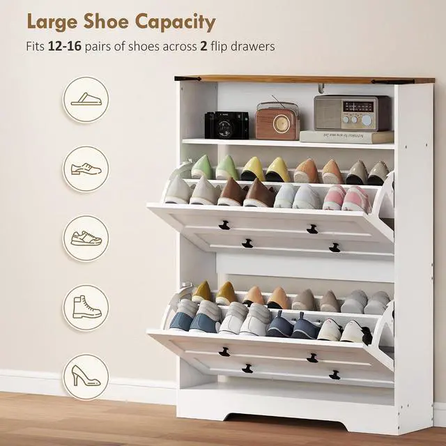 Alt view image 5 of 7 - Shoe Cabinet with 2 Flip Drawers, Narrow, Adjustable Shelves, White