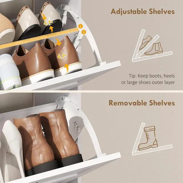 Alt view image 6 of 7 - Shoe Cabinet with 2 Flip Drawers, Narrow, Adjustable Shelves, White