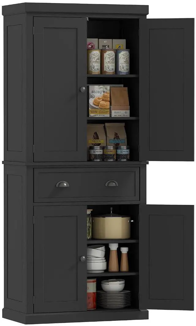 Main image of 72.5" Kitchen Pantry Cabinet Freestanding 4 Doors Black
