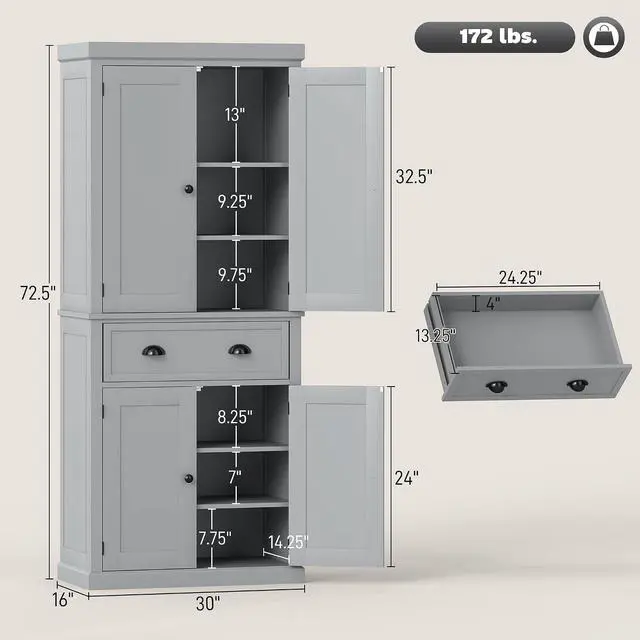 Alt view image 3 of 7 - 72.5" Kitchen Pantry Cabinet Freestanding 4 Doors Gray