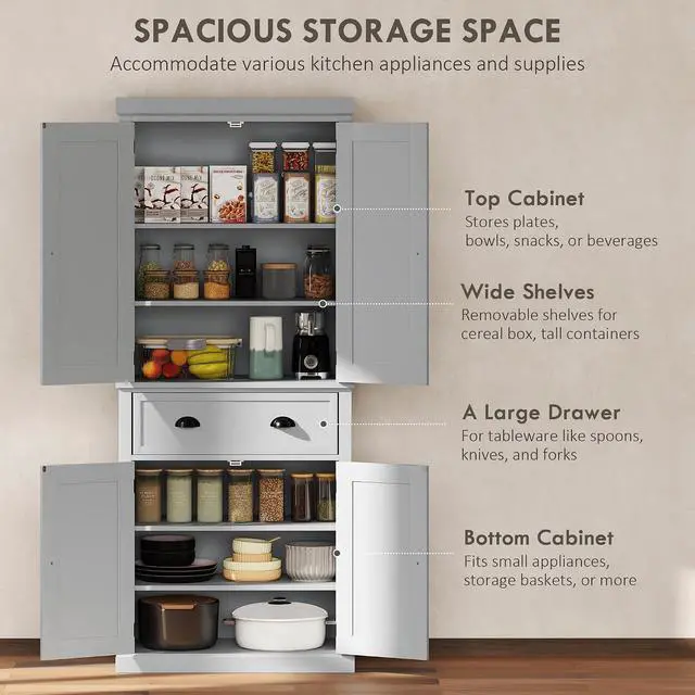 Alt view image 4 of 7 - 72.5" Kitchen Pantry Cabinet Freestanding 4 Doors Gray