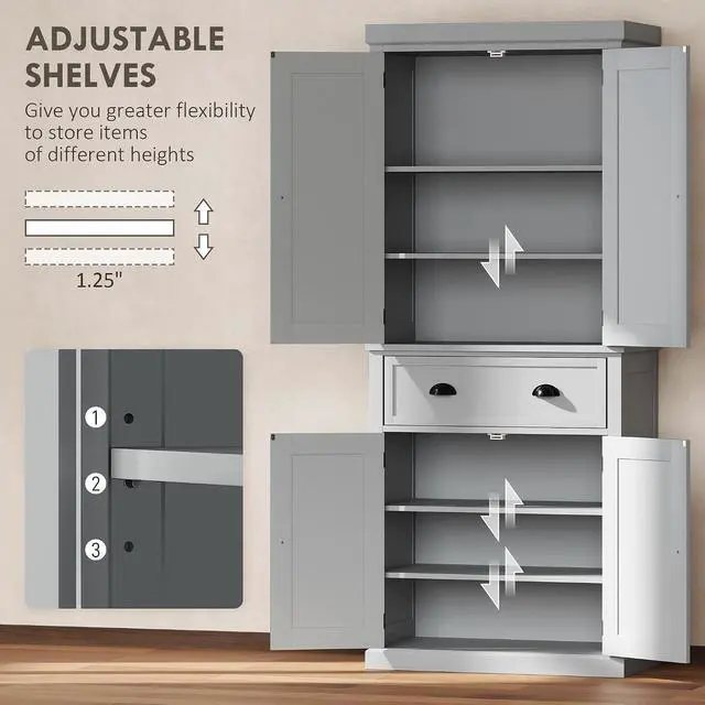 Alt view image 5 of 7 - 72.5" Kitchen Pantry Cabinet Freestanding 4 Doors Gray