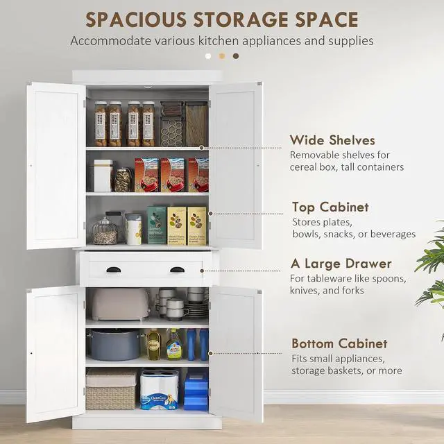 Alt view image 4 of 7 - 72.5" Kitchen Pantry Cabinet Freestanding 4 Doors White Wood Grain