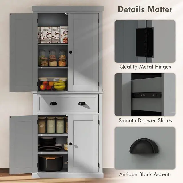 Alt view image 7 of 7 - 72.5" Kitchen Pantry Cabinet Freestanding 4 Doors Gray