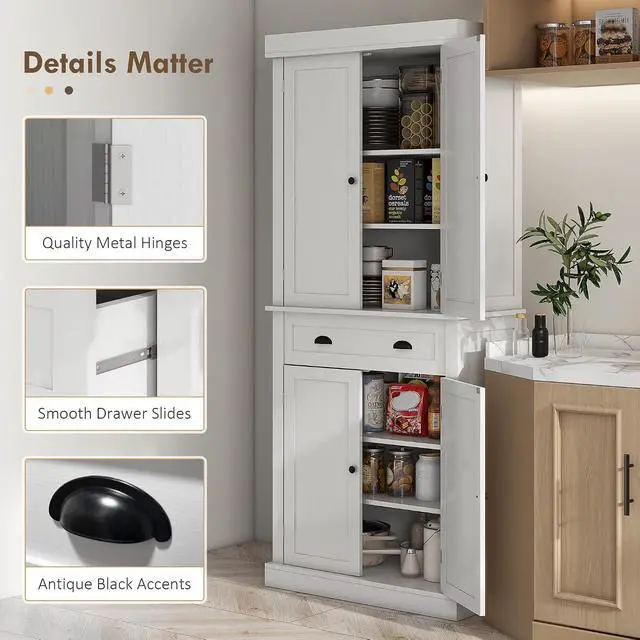 Alt view image 7 of 7 - 72.5" Kitchen Pantry Cabinet Freestanding 4 Doors White Wood Grain