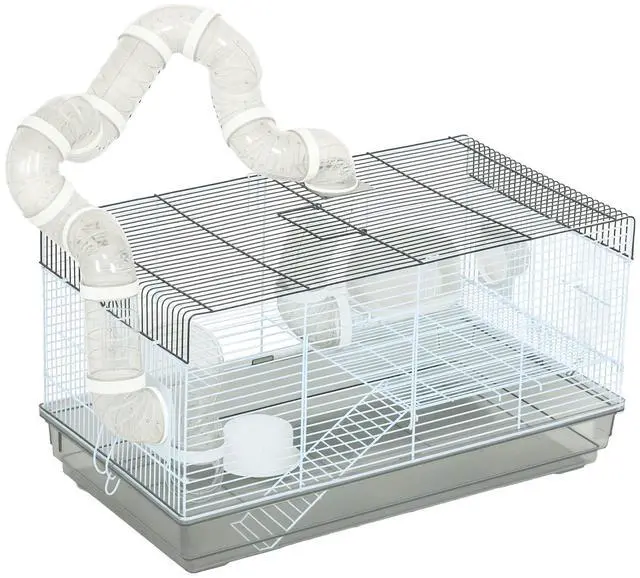 Main image of PawHut Hamster Cage, 2 Levels Gerbil Cage, Small Animal Cage for Dwarf Hamster with Tubes and Tunnels, Exercise Wheel, Food Dish, Water Bottle, Ramp, 23" x 13" x 12", Gray