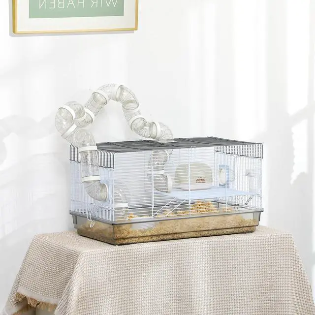 Alt view image 2 of 7 - PawHut Hamster Cage, 2 Levels Gerbil Cage, Small Animal Cage for Dwarf Hamster with Tubes and Tunnels, Exercise Wheel, Food Dish, Water Bottle, Ramp, 23" x 13" x 12", Gray